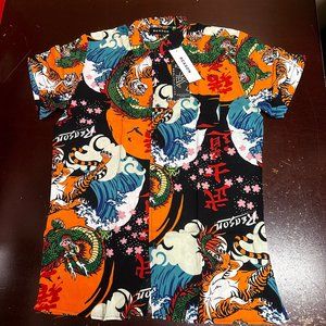 Reason Mens Multicolor Animal Print Short Sleeve Collared Button Front Shirt L